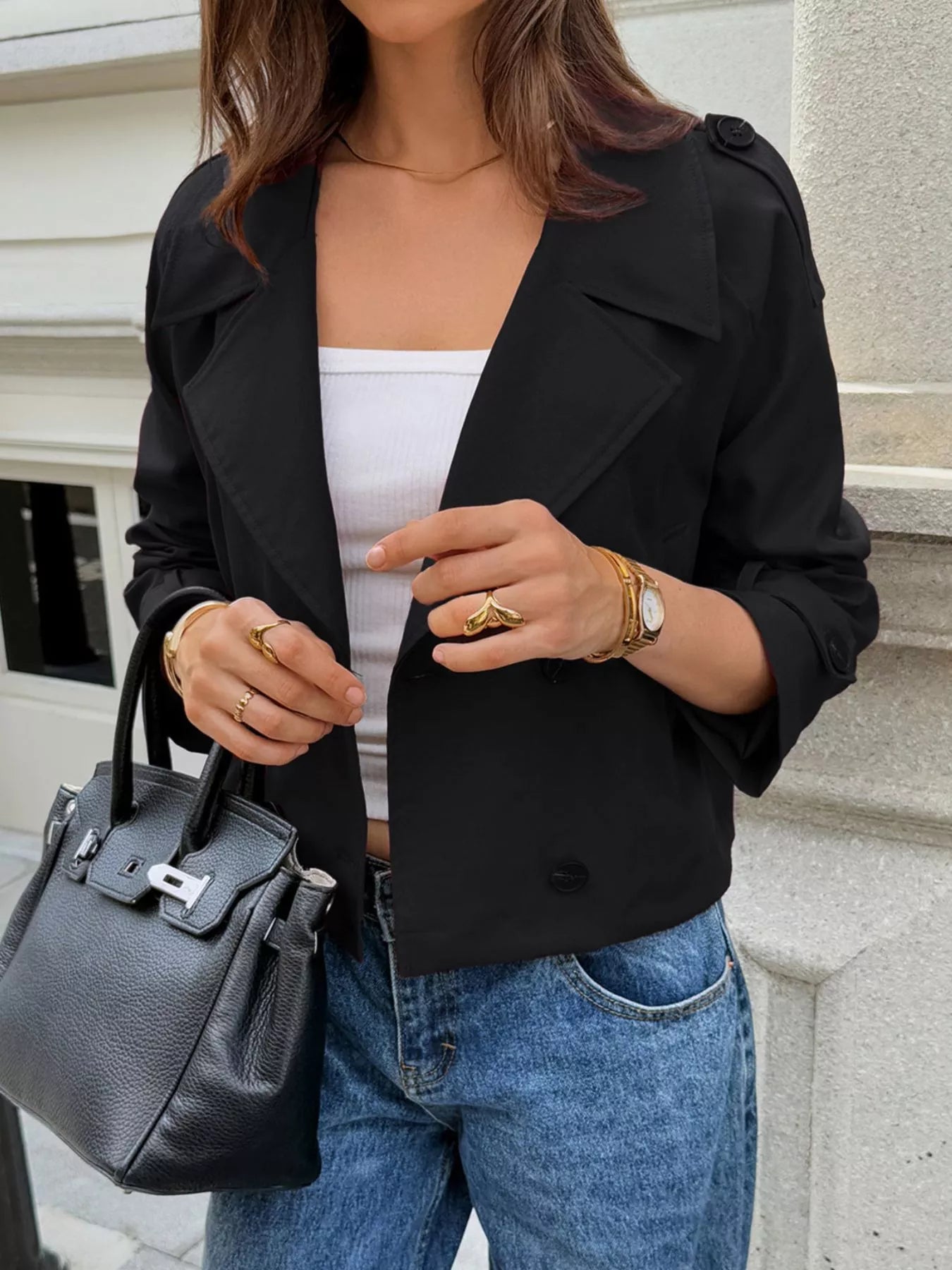 Cropped Double - Breasted Raglan Sleeve Jacket - FLORENTINE IRIS