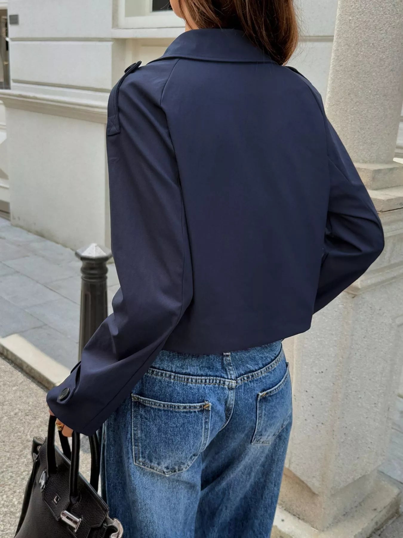 Cropped Double - Breasted Raglan Sleeve Jacket - FLORENTINE IRIS