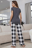 Curved Hem Short Sleeve Top and Plaid Pants Lounge Set - FLORENTINE IRIS