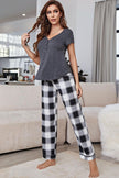 Curved Hem Short Sleeve Top and Plaid Pants Lounge Set - FLORENTINE IRIS