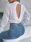 Cutout Back Openwork Round Neck Long Sleeve Sweater - FLORENTINE IRIS