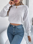 Cutout Back Openwork Round Neck Long Sleeve Sweater - FLORENTINE IRIS