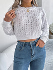 Cutout Back Openwork Round Neck Long Sleeve Sweater - FLORENTINE IRIS
