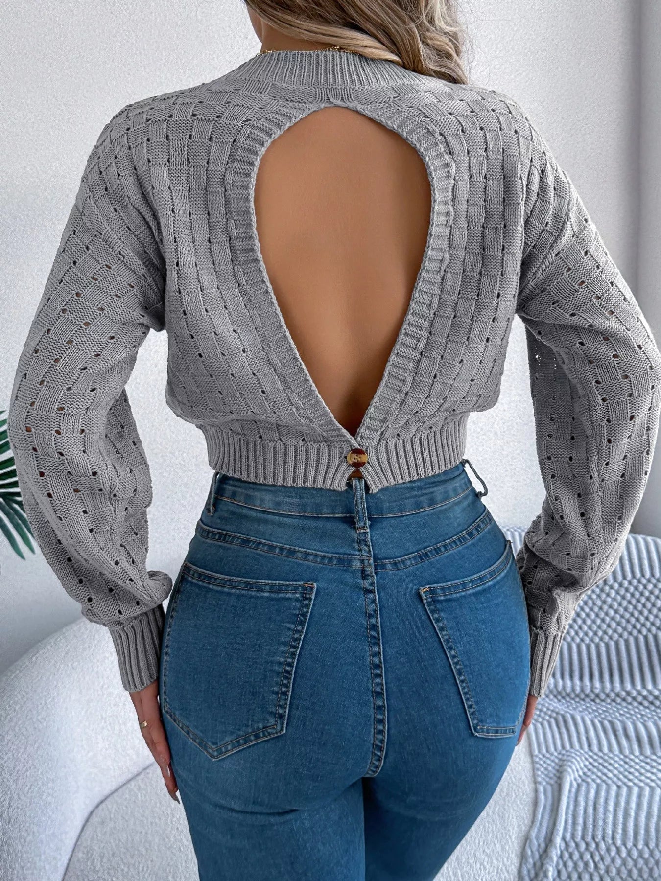 Cutout Back Openwork Round Neck Long Sleeve Sweater - FLORENTINE IRIS