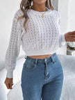 Cutout Back Openwork Round Neck Long Sleeve Sweater - FLORENTINE IRIS