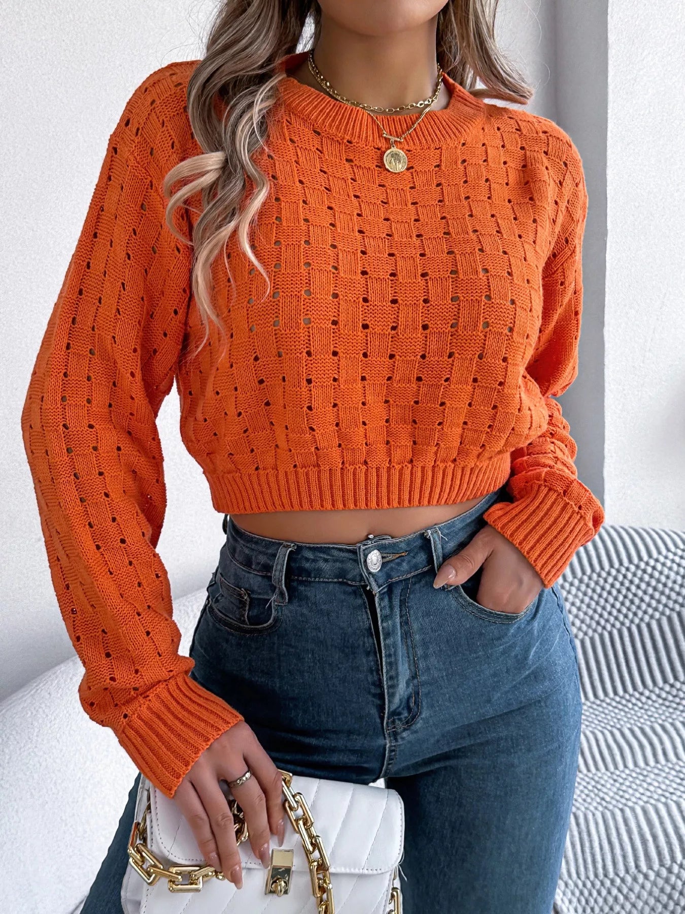 Cutout Back Openwork Round Neck Long Sleeve Sweater - FLORENTINE IRIS