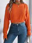 Cutout Back Openwork Round Neck Long Sleeve Sweater - FLORENTINE IRIS