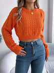 Cutout Back Openwork Round Neck Long Sleeve Sweater - FLORENTINE IRIS