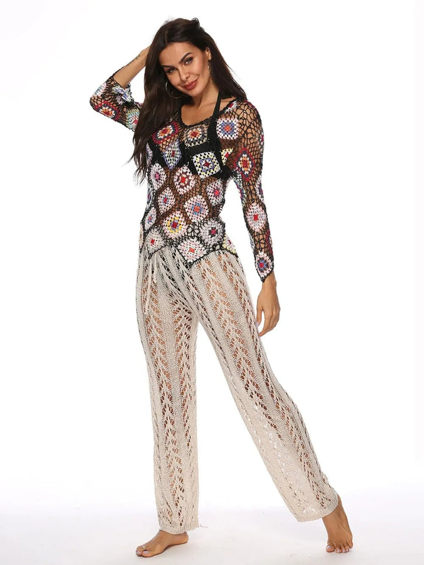 Cutout Drawstring High Waist Swim Pants - FLORENTINE IRIS