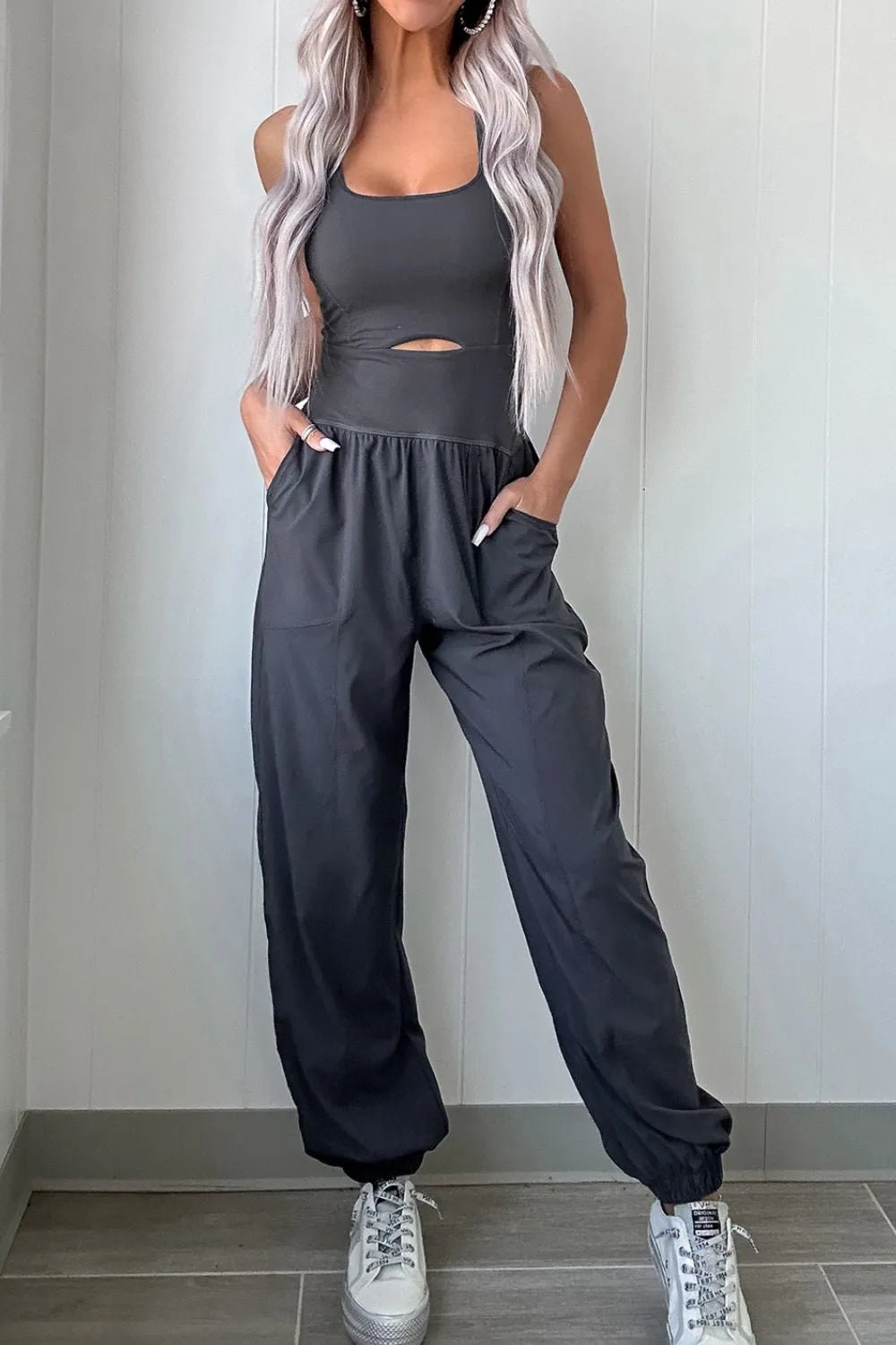 Cutout Square Neck Wide Strap Active Jumpsuit - FLORENTINE IRIS