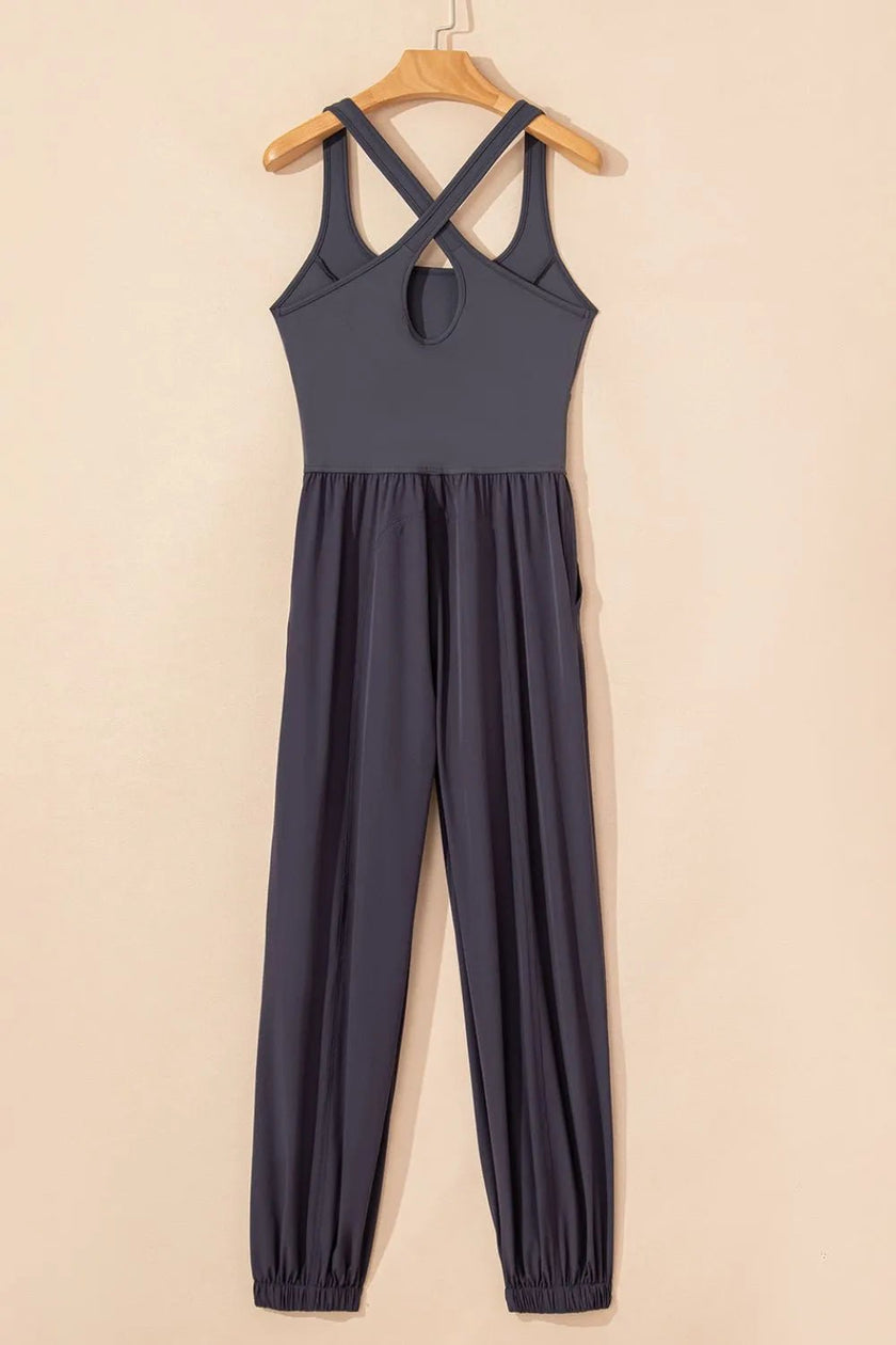 Cutout Square Neck Wide Strap Active Jumpsuit - FLORENTINE IRIS