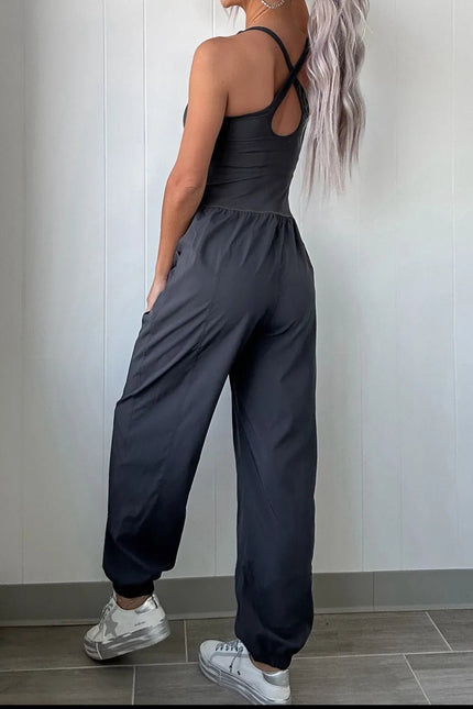 Cutout Square Neck Wide Strap Active Jumpsuit - FLORENTINE IRIS