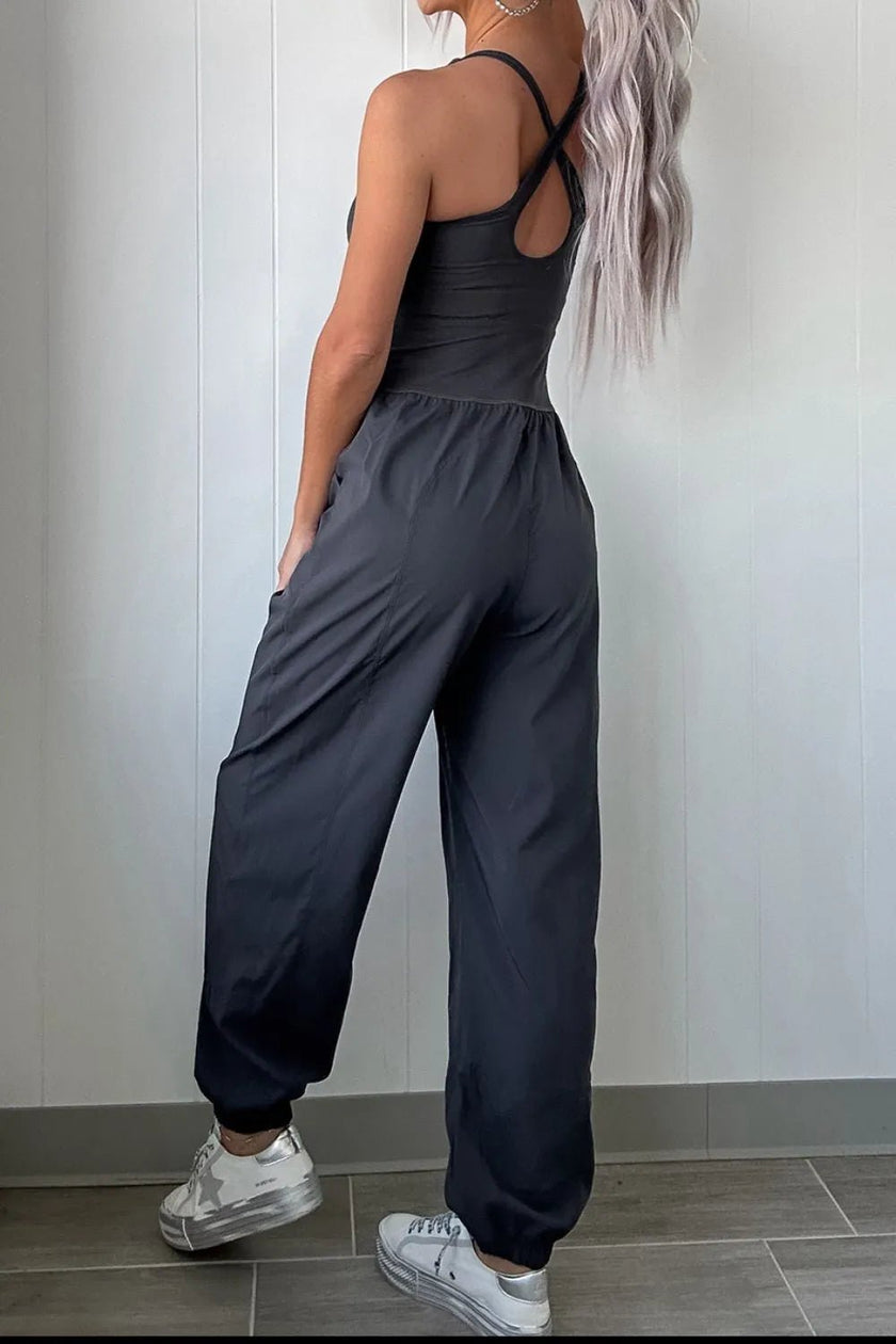 Cutout Square Neck Wide Strap Active Jumpsuit - FLORENTINE IRIS