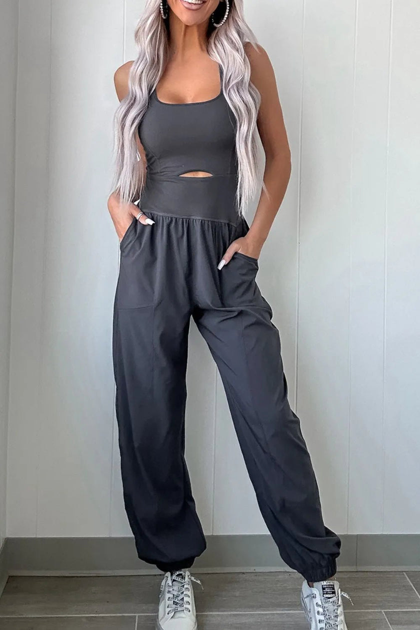 Cutout Square Neck Wide Strap Active Jumpsuit - FLORENTINE IRIS
