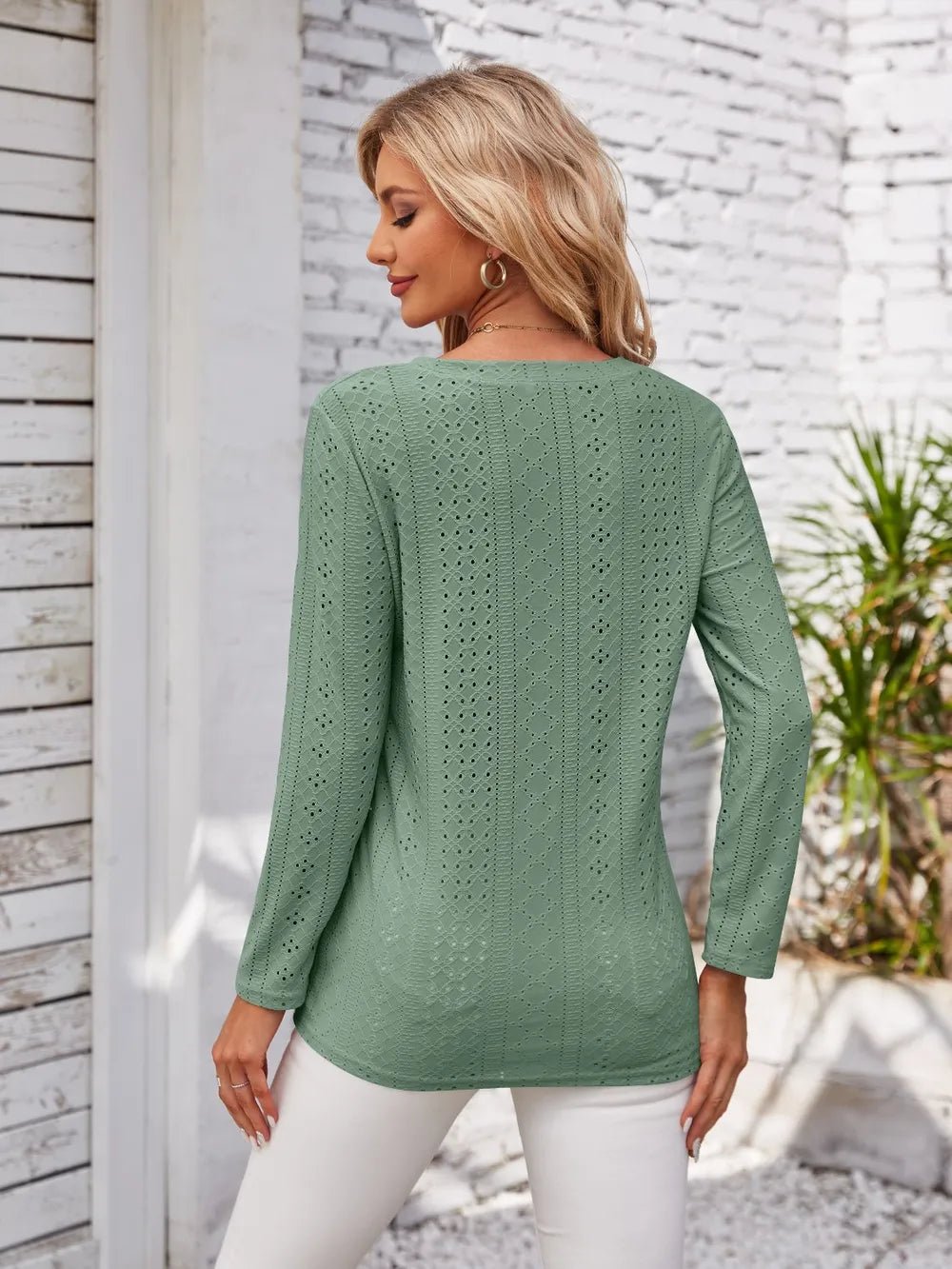 Decorative Button Openwork V - Neck T-Shirt - FLORENTINE IRIS