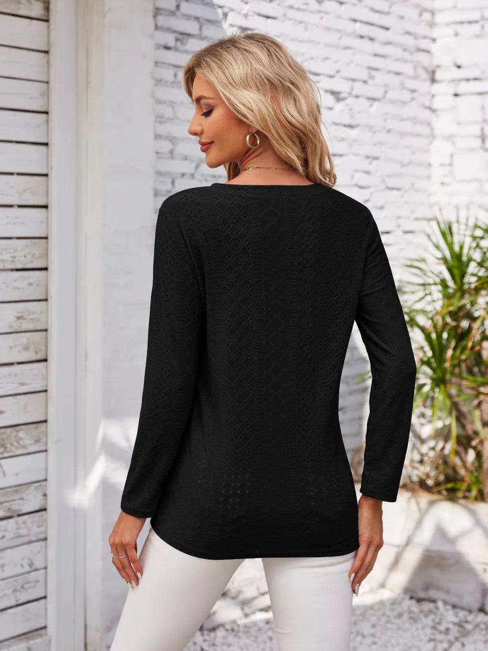 Decorative Button Openwork V - Neck T-Shirt - FLORENTINE IRIS