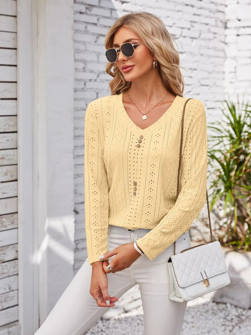 Decorative Button Openwork V - Neck T-Shirt - FLORENTINE IRIS