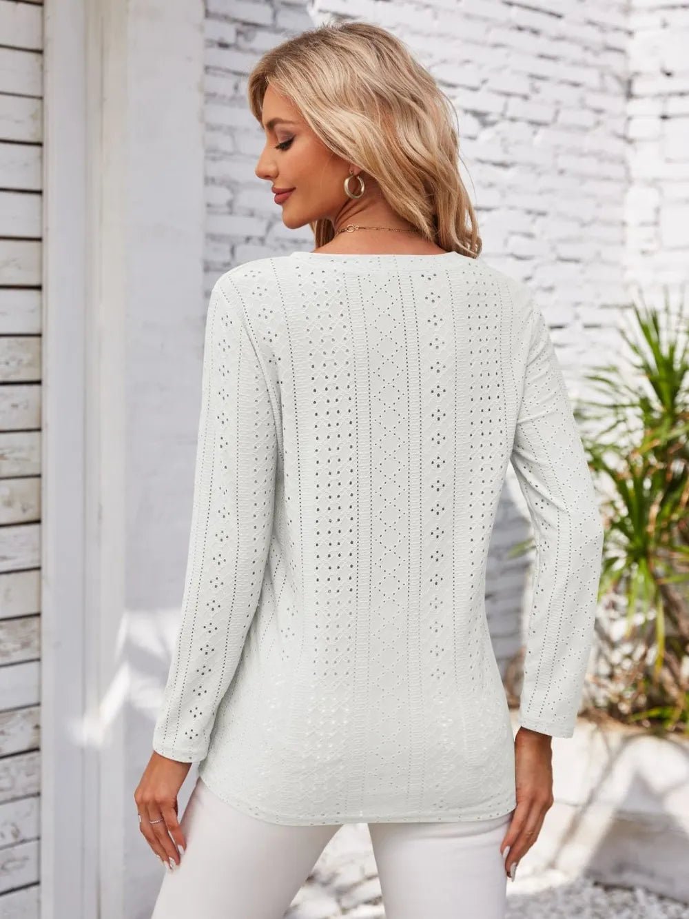 Decorative Button Openwork V - Neck T-Shirt - FLORENTINE IRIS