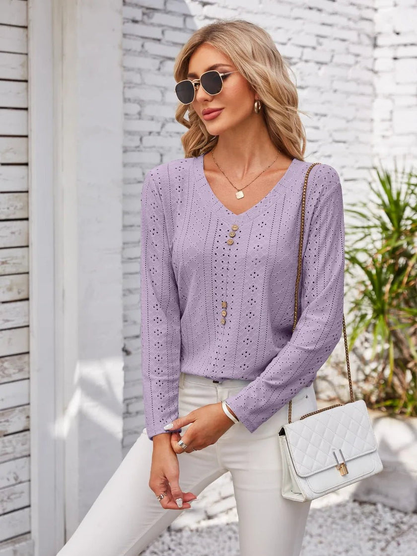 Decorative Button Openwork V - Neck T-Shirt - FLORENTINE IRIS