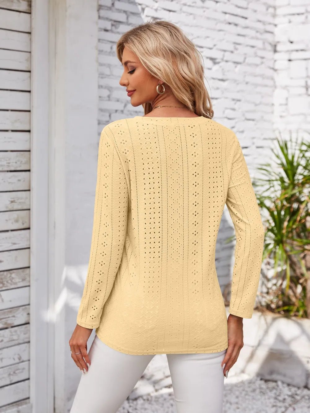 Decorative Button Openwork V - Neck T-Shirt - FLORENTINE IRIS