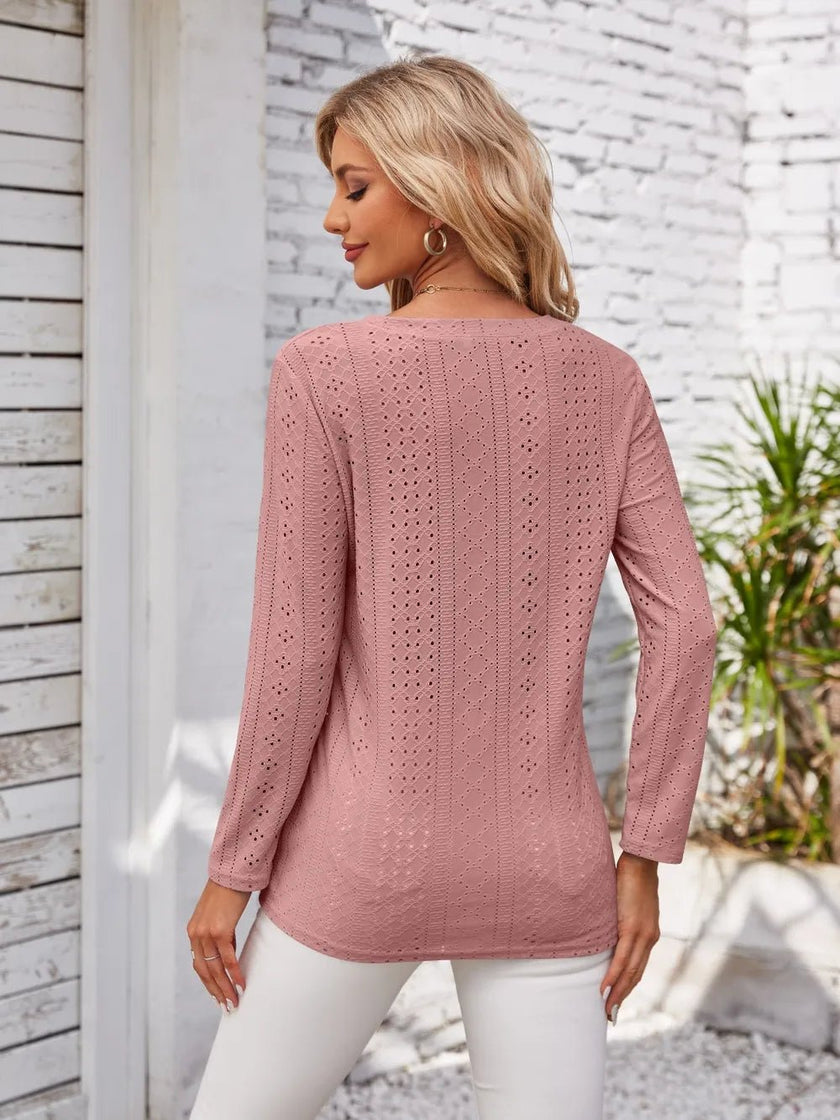 Decorative Button Openwork V - Neck T-Shirt - FLORENTINE IRIS