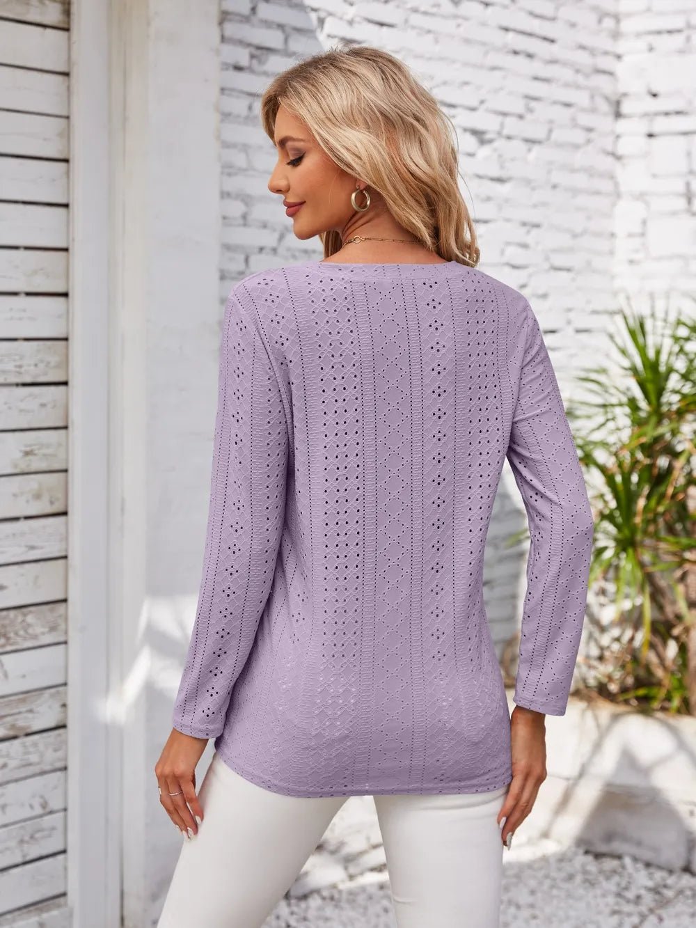 Decorative Button Openwork V - Neck T-Shirt - FLORENTINE IRIS