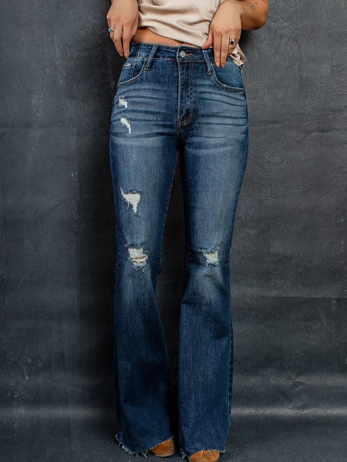 Distressed High - Waisted Flare Jeans - FLORENTINE IRIS