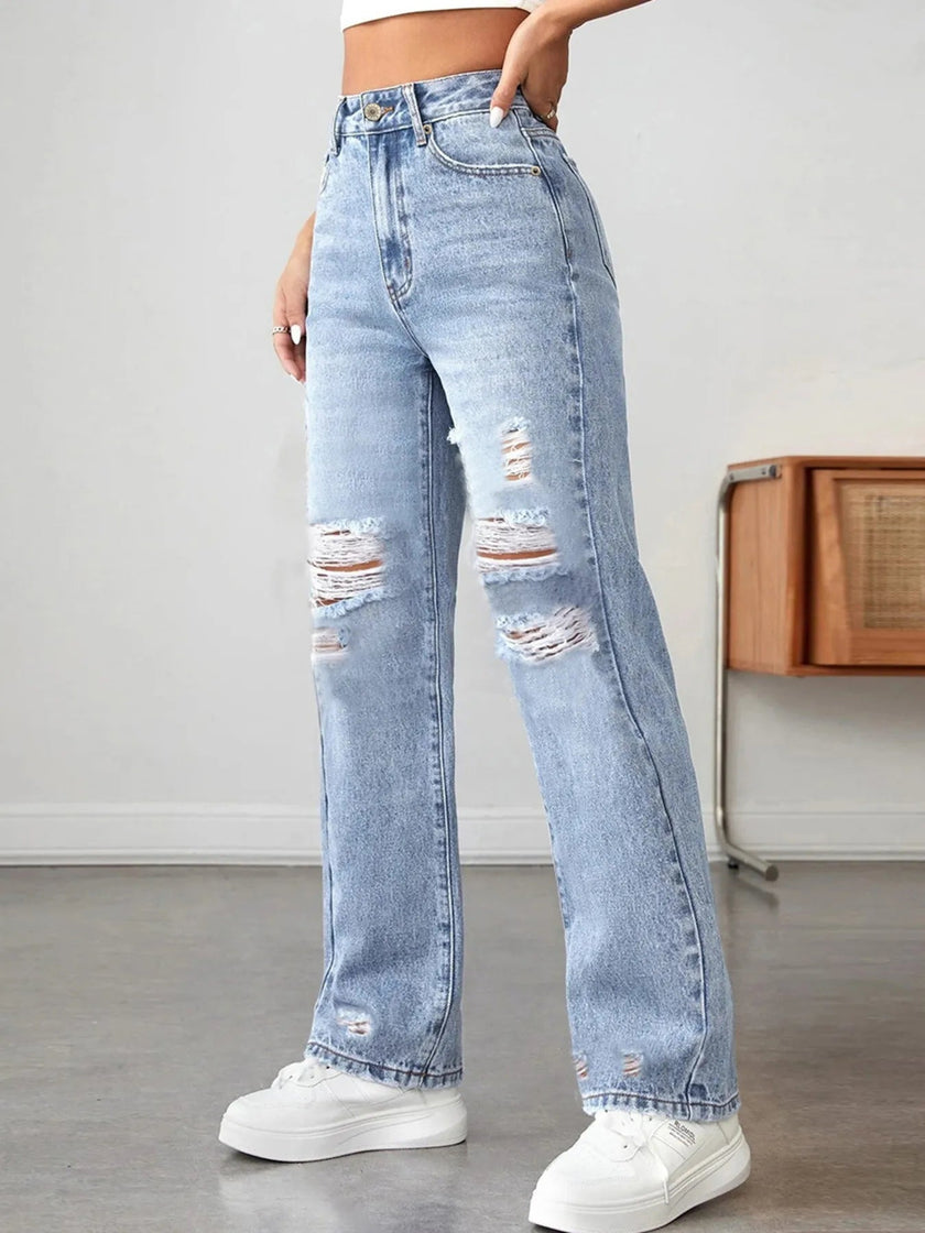 Distressed High Waisted Jeans - FLORENTINE IRIS