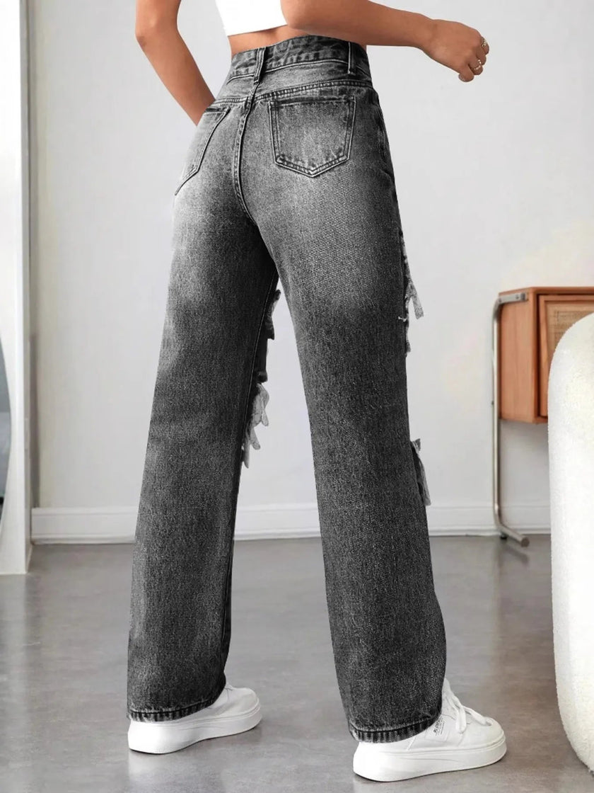 Distressed High Waisted Jeans - FLORENTINE IRIS