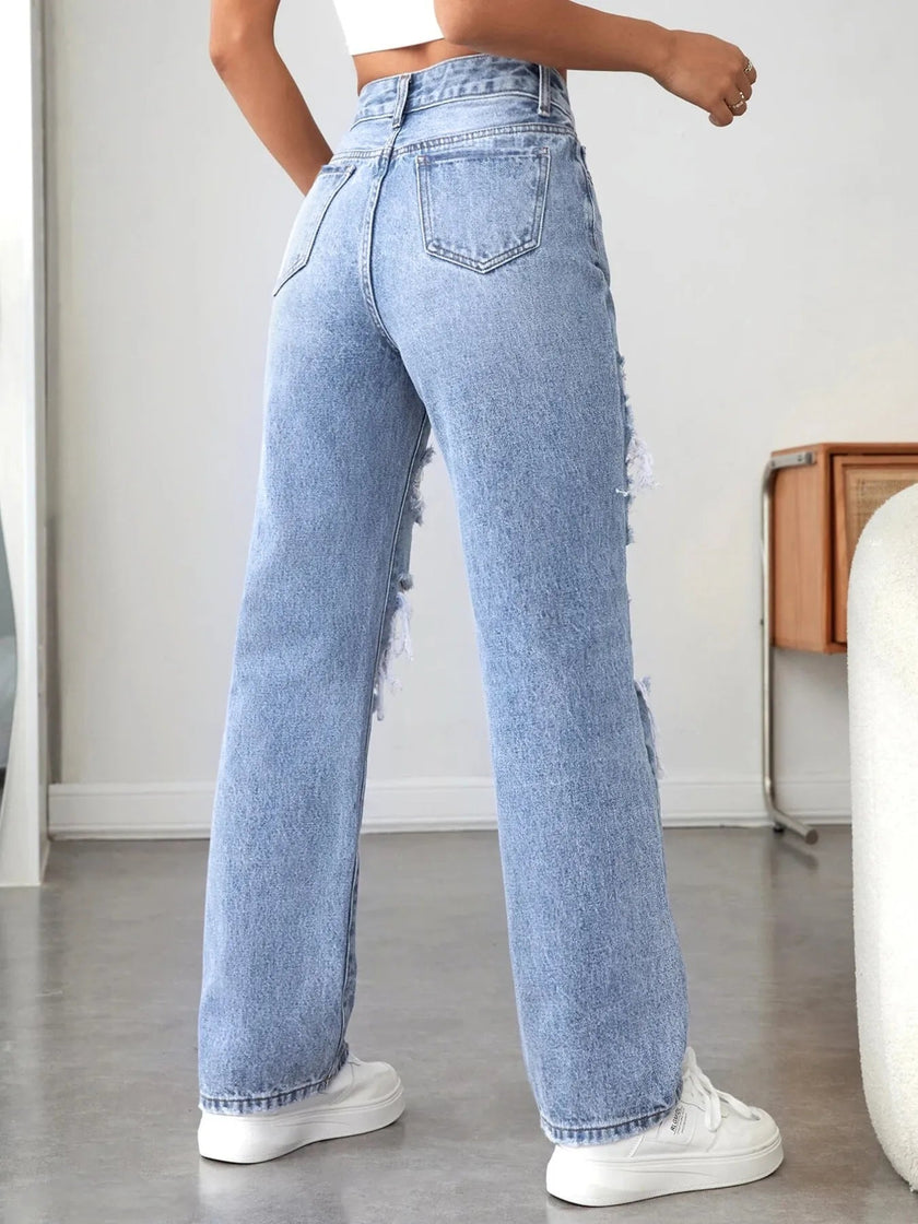 Distressed High Waisted Jeans - FLORENTINE IRIS
