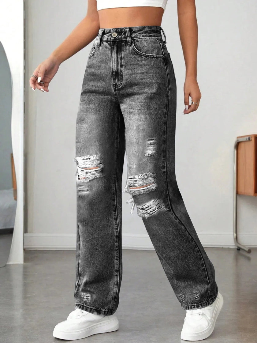 Distressed High Waisted Jeans - FLORENTINE IRIS