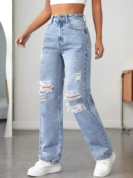 Distressed High Waisted Jeans - FLORENTINE IRIS