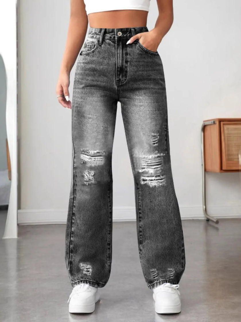 Distressed High Waisted Jeans - FLORENTINE IRIS