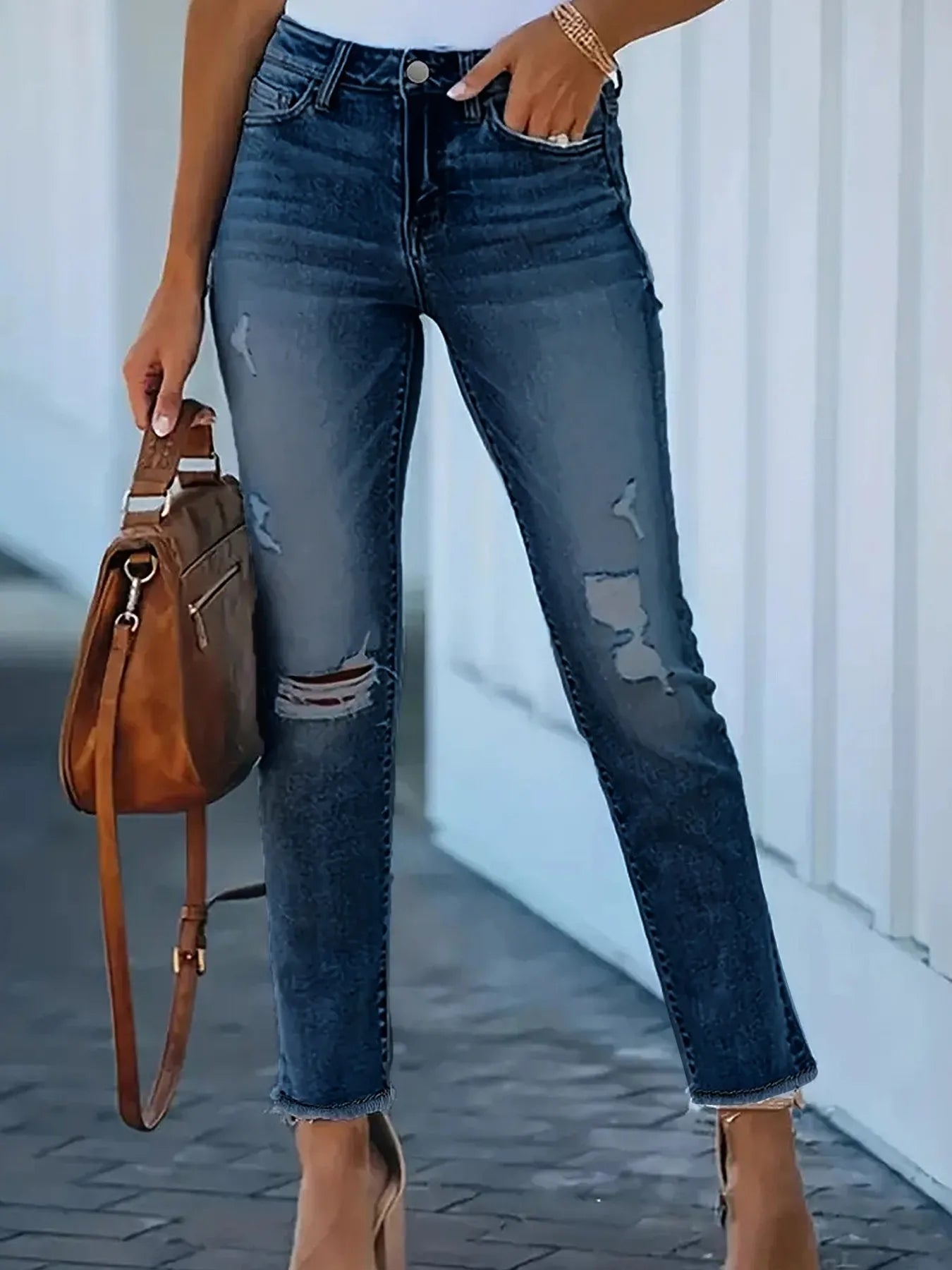Distressed High - Waisted Skinny Jeans - FLORENTINE IRIS