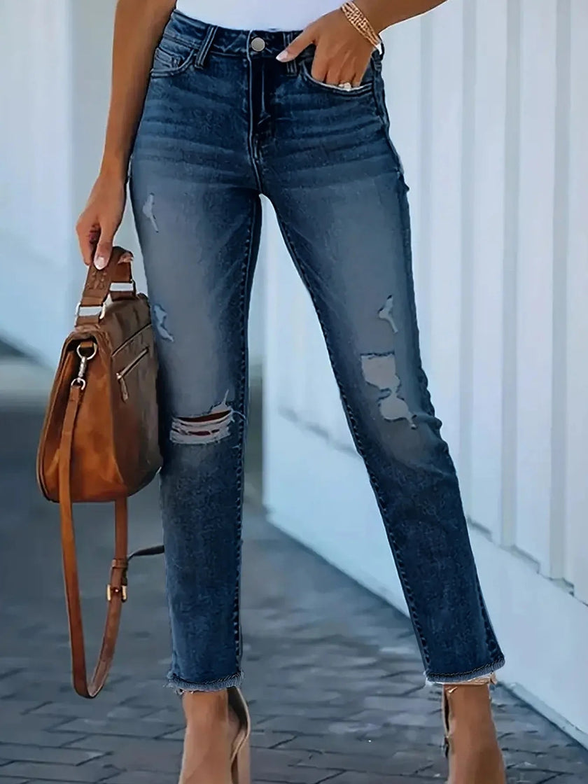 Distressed High - Waisted Skinny Jeans - FLORENTINE IRIS