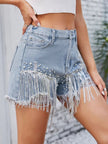 Distressed Pearl Trim Denim Shorts with Pockets - FLORENTINE IRIS