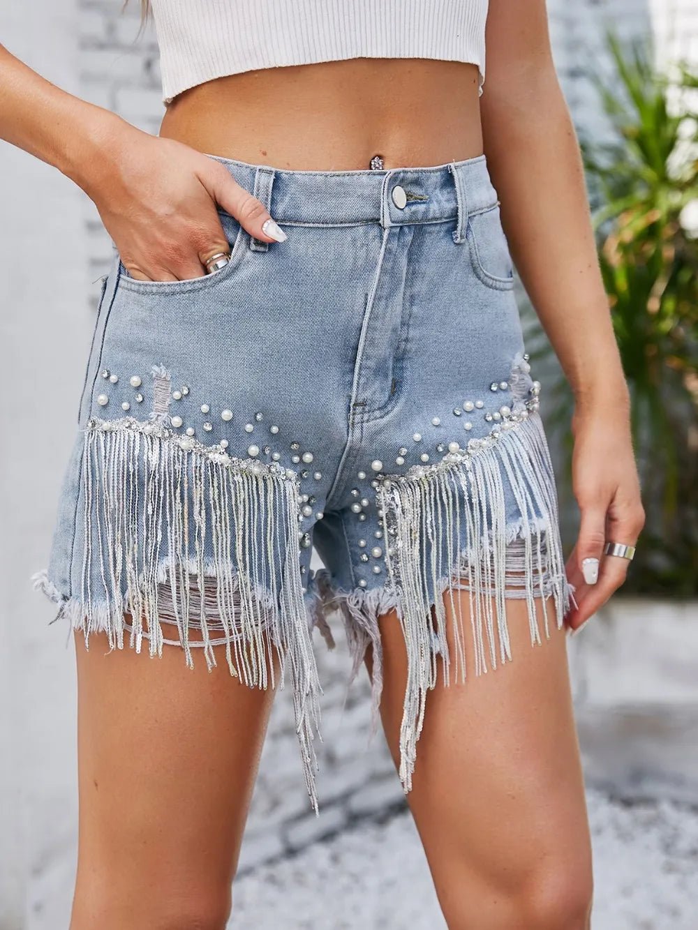 Distressed Pearl Trim Denim Shorts with Pockets - FLORENTINE IRIS