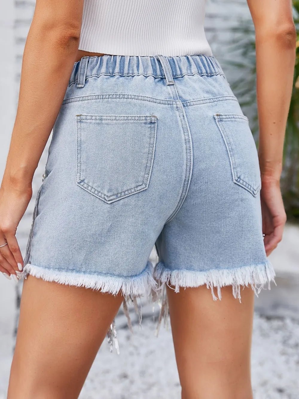 Distressed Pearl Trim Denim Shorts with Pockets - FLORENTINE IRIS