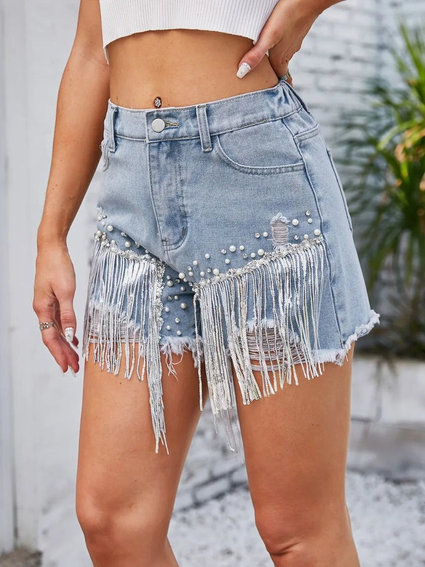 Distressed Pearl Trim Denim Shorts with Pockets - FLORENTINE IRIS