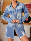 Distressed Raw Hem Denim Mini Dress - FLORENTINE IRIS