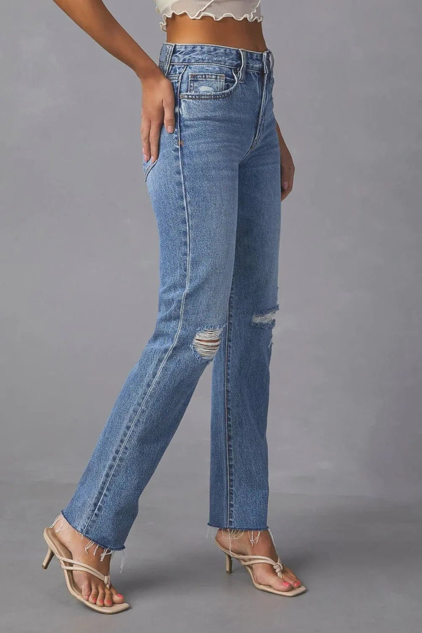 Distressed Raw Hem Straight Jeans with Pockets - FLORENTINE IRIS