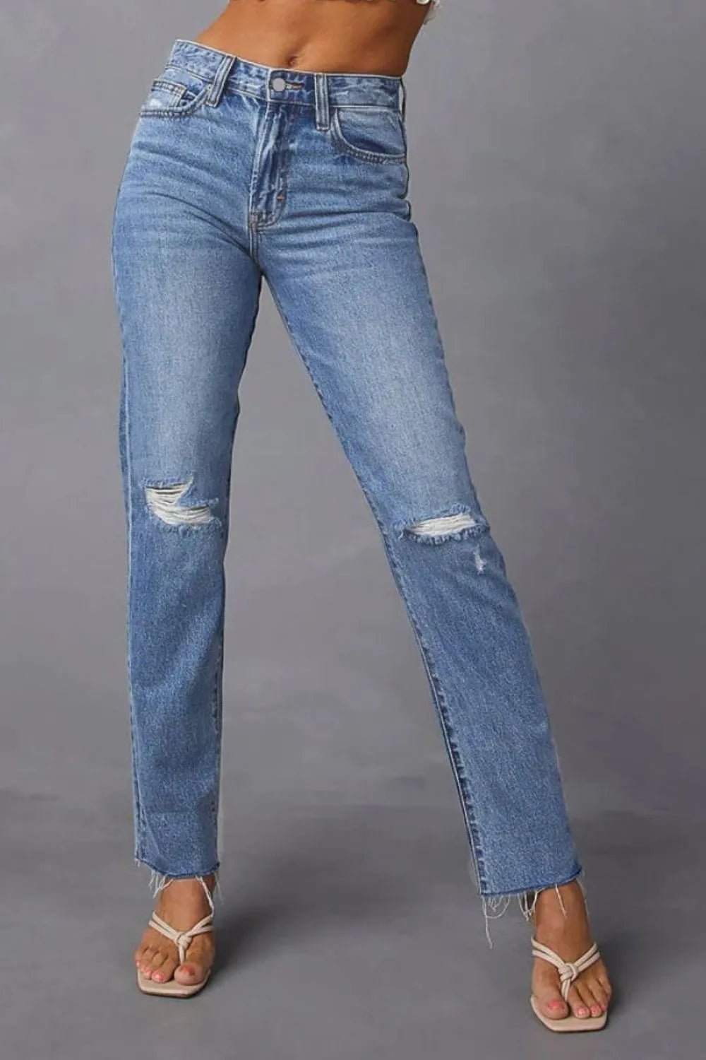 Distressed Raw Hem Straight Jeans with Pockets - FLORENTINE IRIS