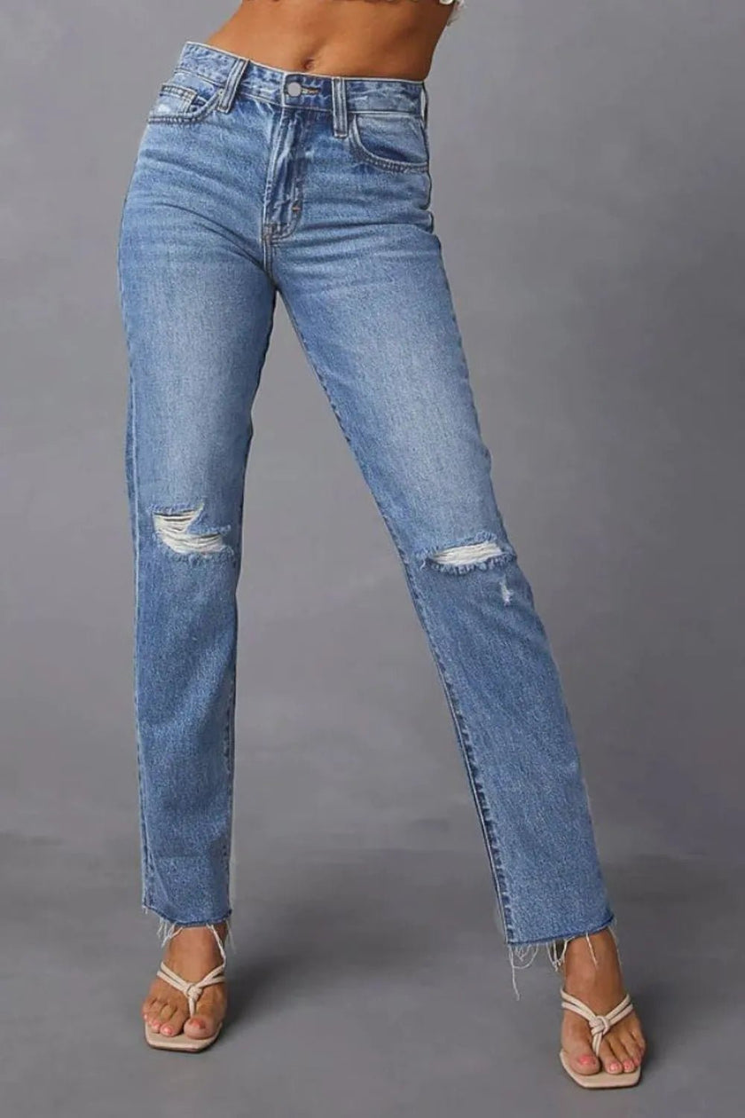 Distressed Raw Hem Straight Jeans with Pockets - FLORENTINE IRIS