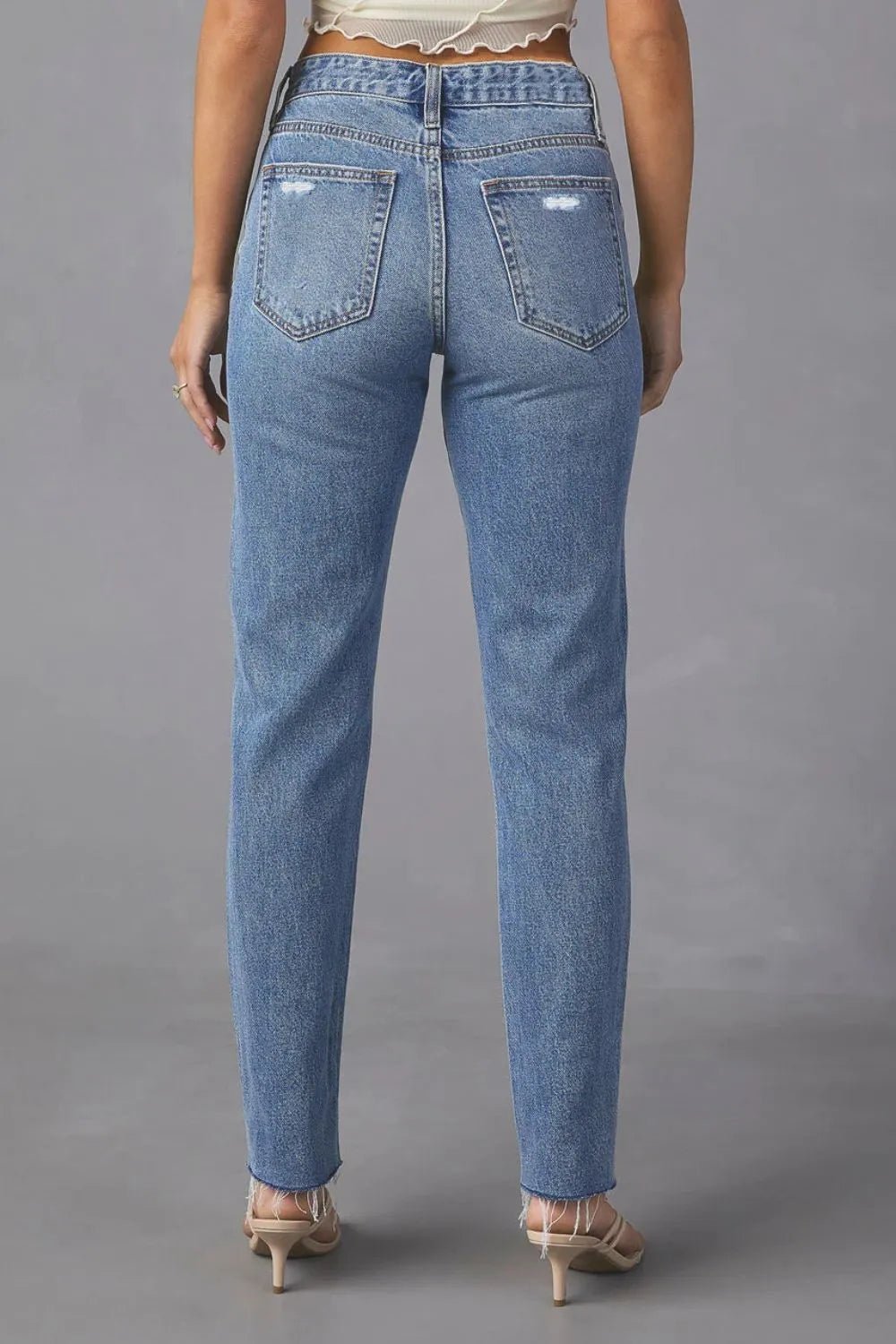Distressed Raw Hem Straight Jeans with Pockets - FLORENTINE IRIS