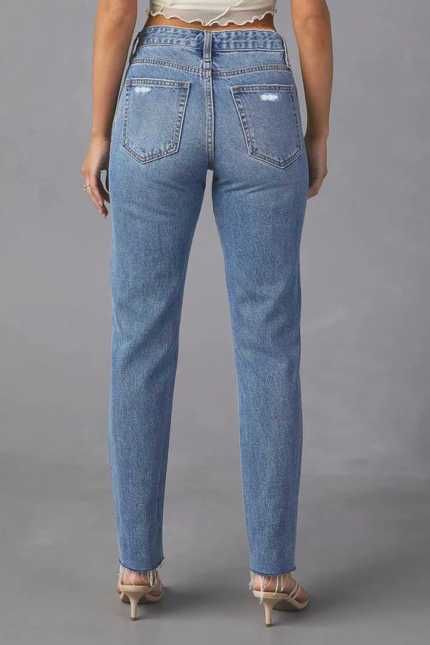 Distressed Raw Hem Straight Jeans with Pockets - FLORENTINE IRIS