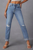 Distressed Raw Hem Straight Jeans with Pockets - FLORENTINE IRIS