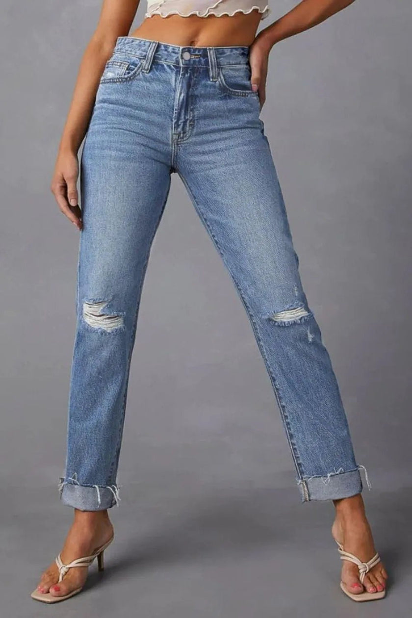 Distressed Raw Hem Straight Jeans with Pockets - FLORENTINE IRIS