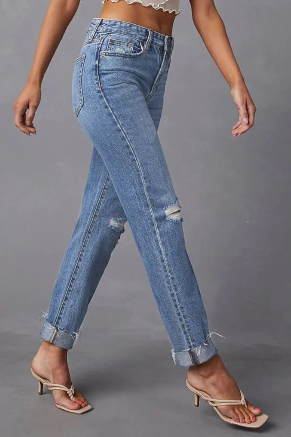 Distressed Raw Hem Straight Jeans with Pockets - FLORENTINE IRIS