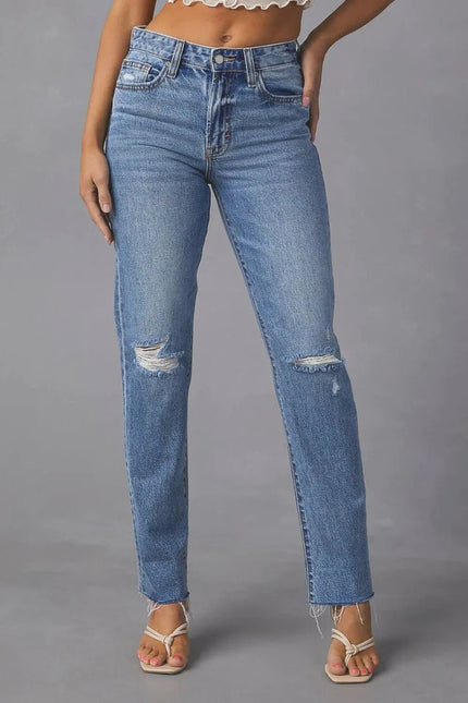 Distressed Raw Hem Straight Jeans with Pockets - FLORENTINE IRIS