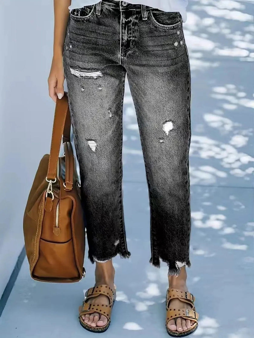 Distressed Straight Leg Jeans - FLORENTINE IRIS